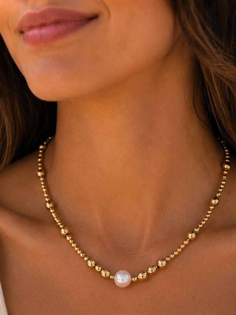 NWT Medina fine pearls Gold Beaded Necklace with Single White Pearl -
